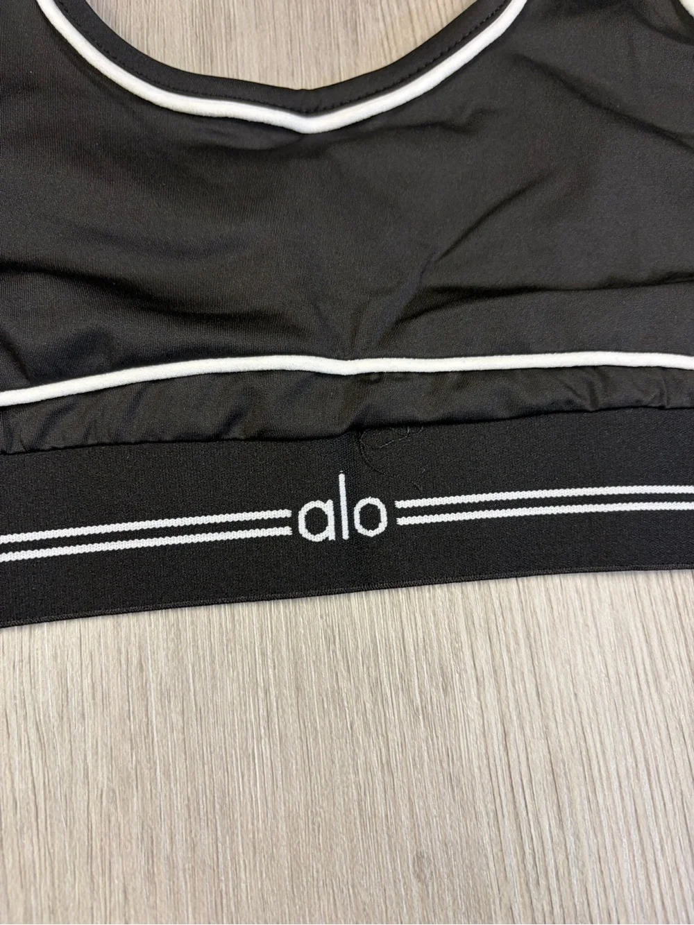 ALO Yoga Black Track Pants & Piped Sports Bra Set with White Trim